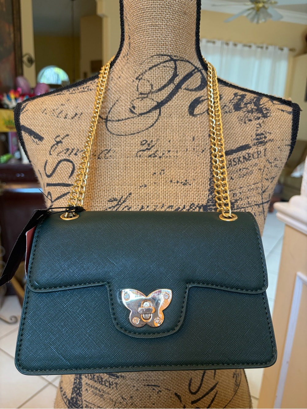 Dark Green Crossbody Bag with Gold Chain Strap
